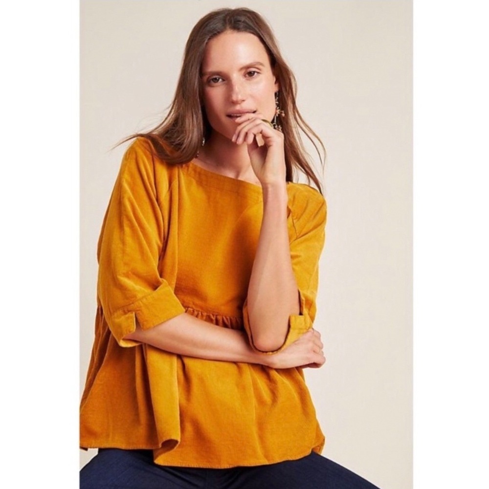 Maeve by Anthropologie Maria Peplum Top Women XS Mustard Yellow Corduroy Boho